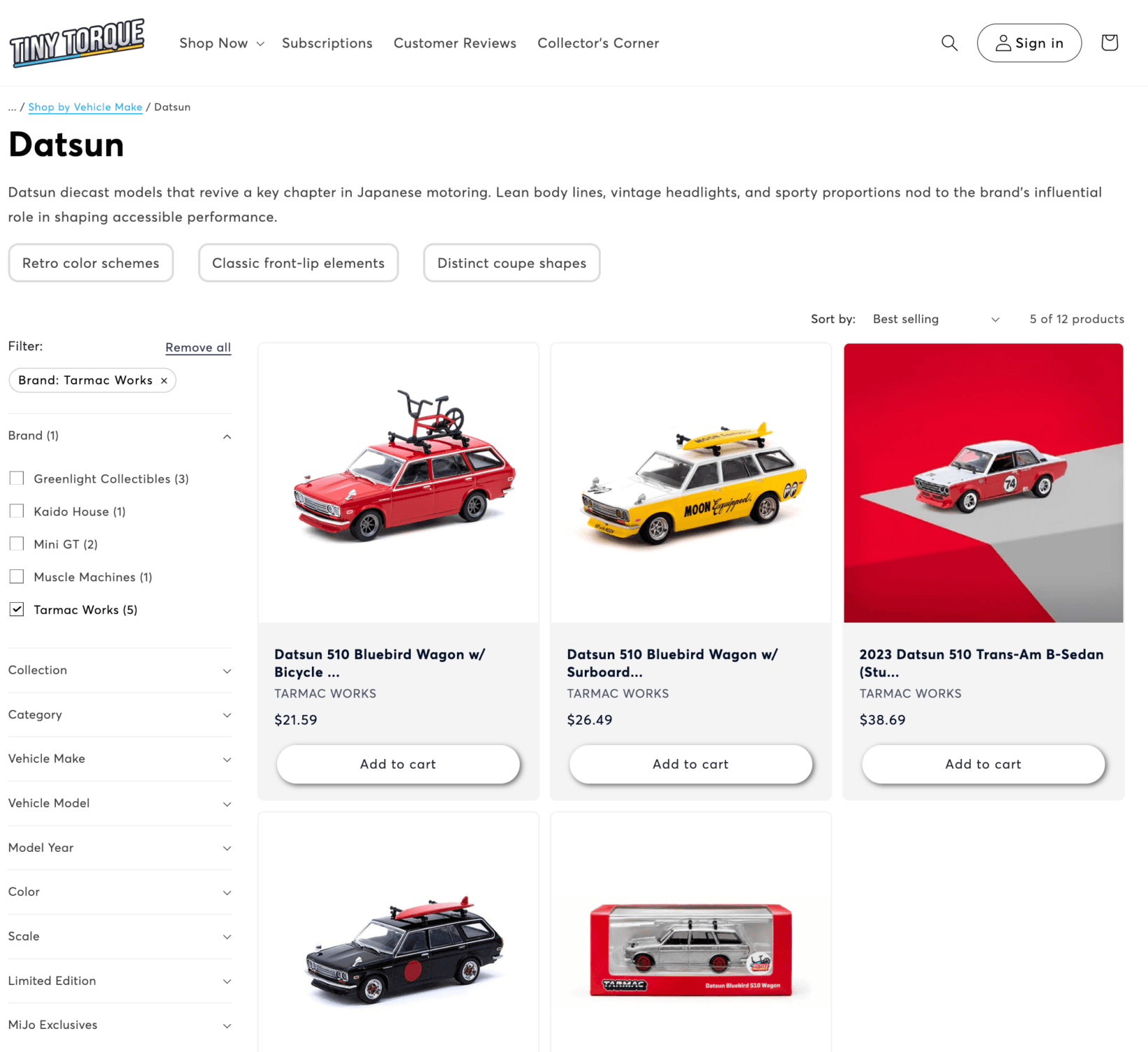 Tiny Torque Datsun collection page with vehicle filters and product listings