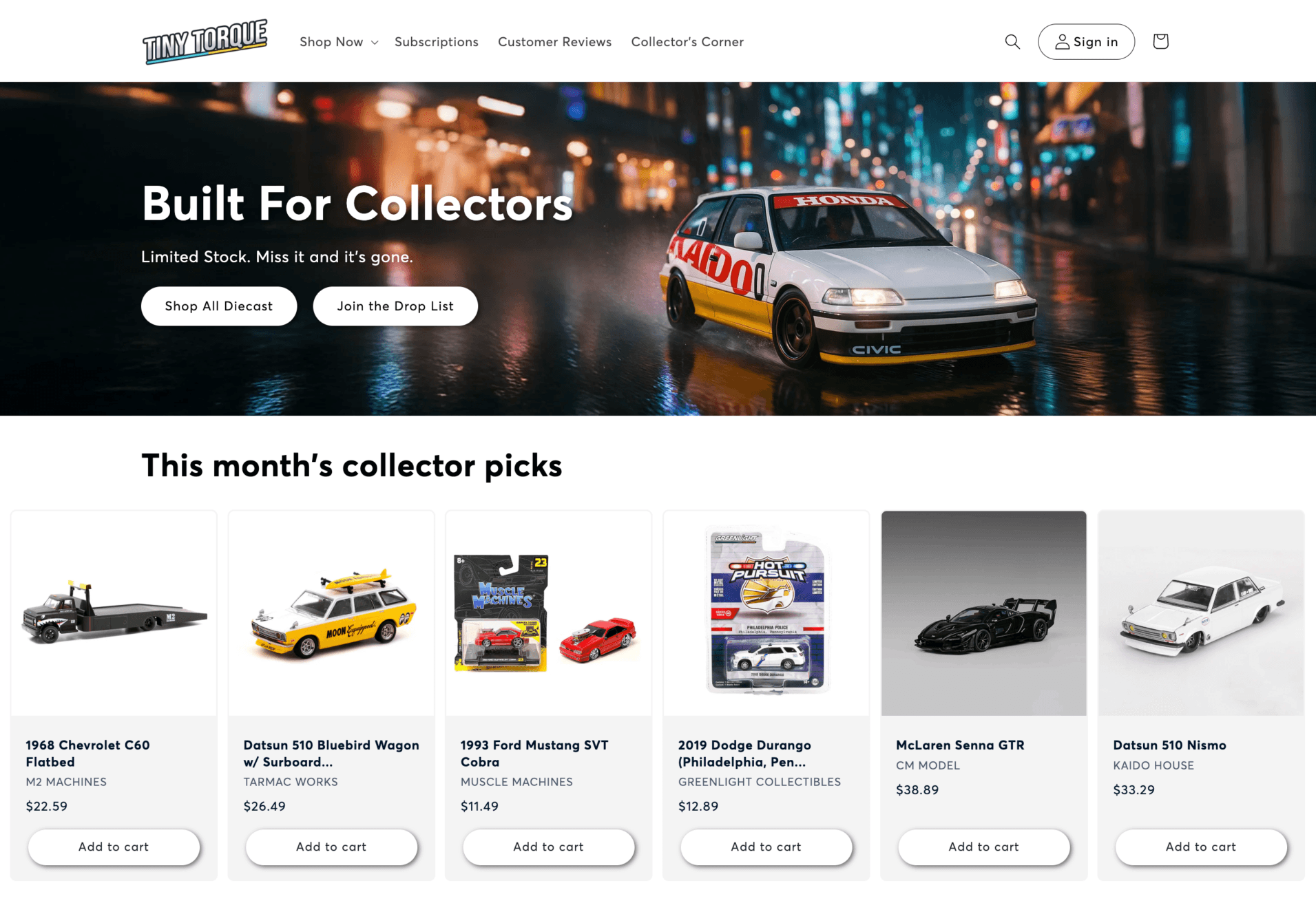 Tiny Torque storefront showing the Built For Collectors campaign and this month's collector picks